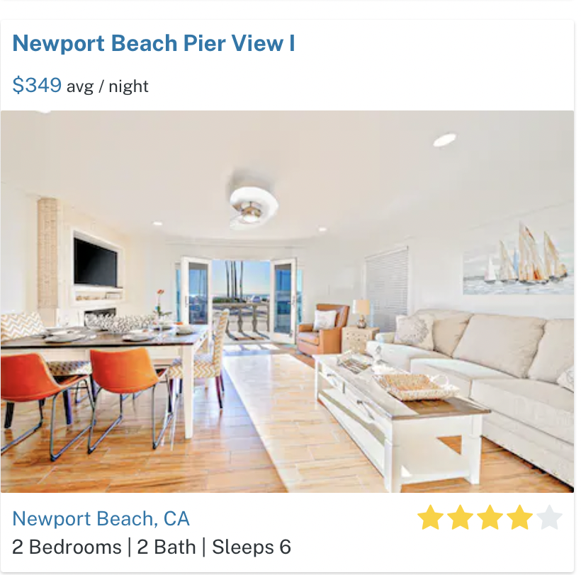 Screenshot Vacasa rental at Newport Beach
